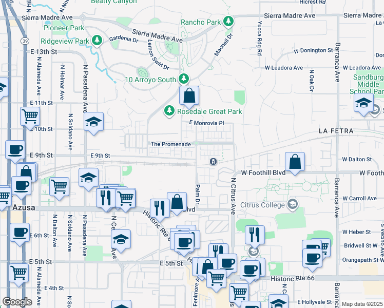 map of restaurants, bars, coffee shops, grocery stores, and more near 821 Cassia Lane in Azusa
