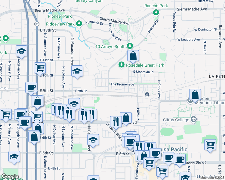 map of restaurants, bars, coffee shops, grocery stores, and more near 902 Botanica Lane in Azusa