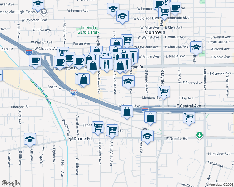 map of restaurants, bars, coffee shops, grocery stores, and more near 1353 South Magnolia Avenue in Monrovia
