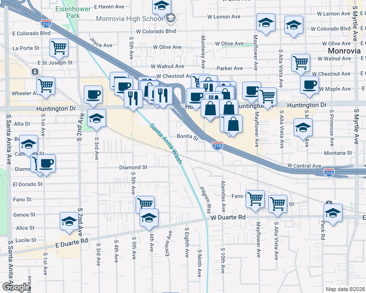 map of restaurants, bars, coffee shops, grocery stores, and more near 733 Montana Street in Monrovia