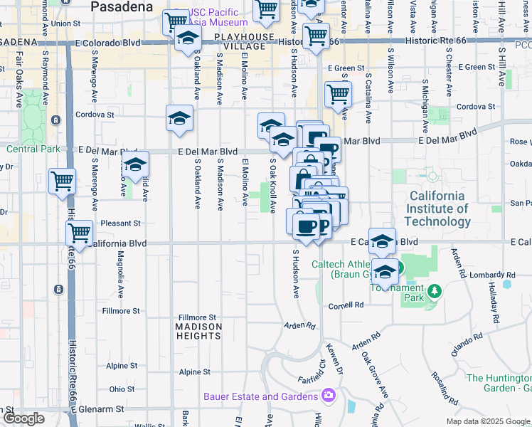 map of restaurants, bars, coffee shops, grocery stores, and more near 511 South Oak Knoll Avenue in Pasadena