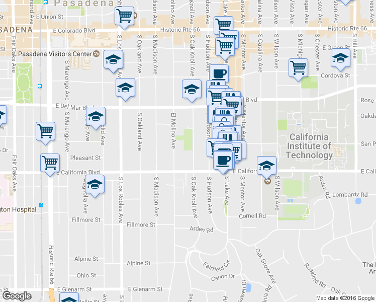 map of restaurants, bars, coffee shops, grocery stores, and more near 511 South Oak Knoll Avenue in Pasadena