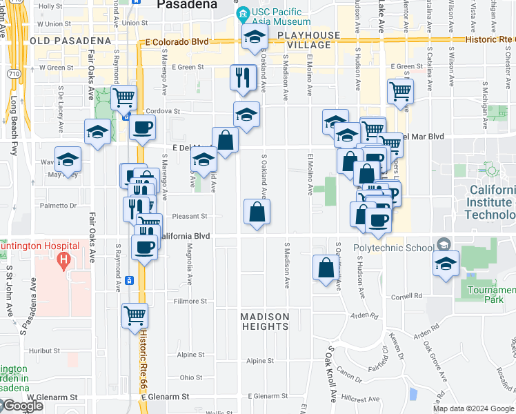 map of restaurants, bars, coffee shops, grocery stores, and more near 515 South Oakland Avenue in Pasadena