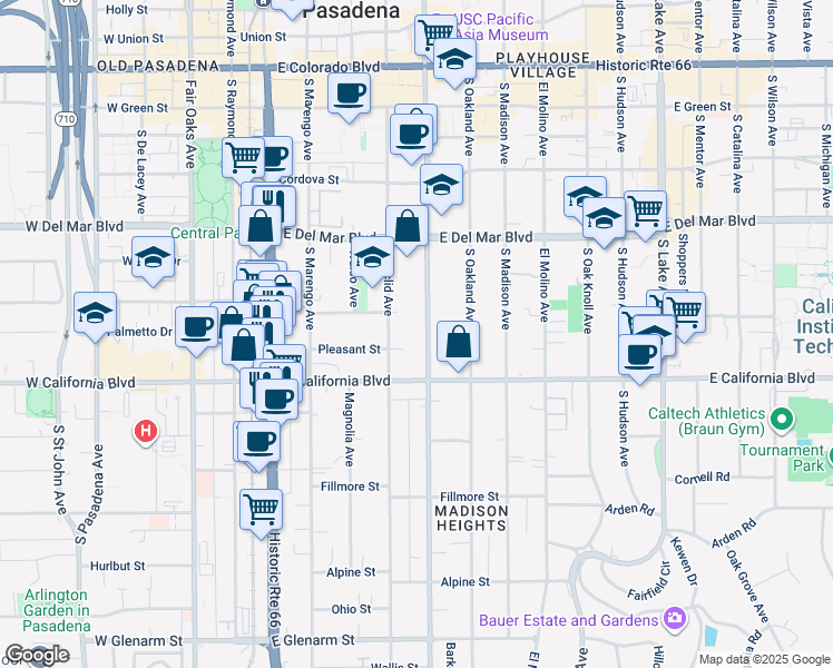 map of restaurants, bars, coffee shops, grocery stores, and more near 515 South Los Robles Avenue in Pasadena