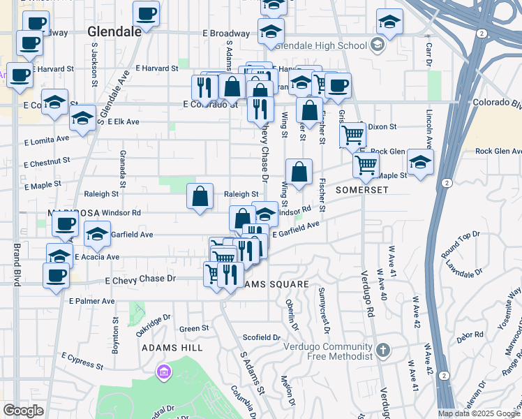 map of restaurants, bars, coffee shops, grocery stores, and more near 801 South Chevy Chase Drive in Glendale