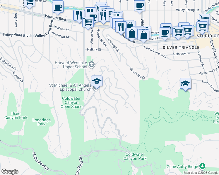 map of restaurants, bars, coffee shops, grocery stores, and more near 3700 Alta Mesa Drive in Los Angeles