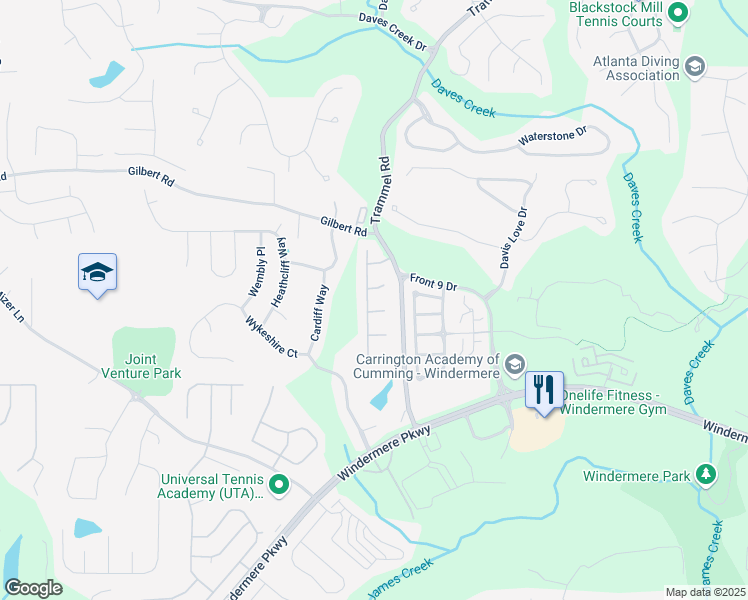 map of restaurants, bars, coffee shops, grocery stores, and more near 3125 Crooked Stick Drive in Cumming