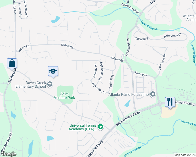map of restaurants, bars, coffee shops, grocery stores, and more near 4415 Heathcliff Way in Cumming