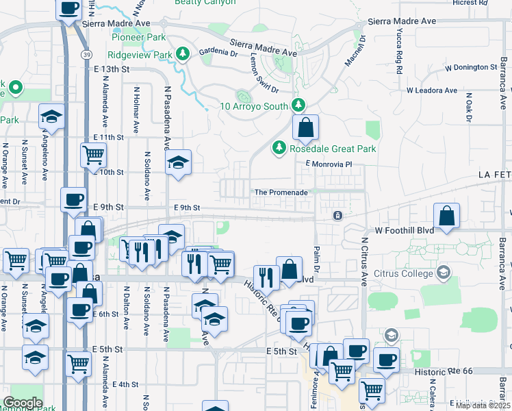map of restaurants, bars, coffee shops, grocery stores, and more near 902 Botanica Lane in Azusa