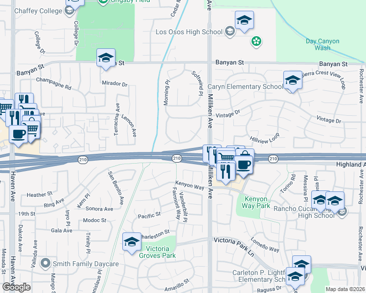 map of restaurants, bars, coffee shops, grocery stores, and more near 11189 Summerside Lane in Rancho Cucamonga