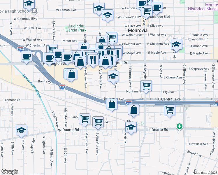 map of restaurants, bars, coffee shops, grocery stores, and more near 1333 South Magnolia Avenue in Monrovia