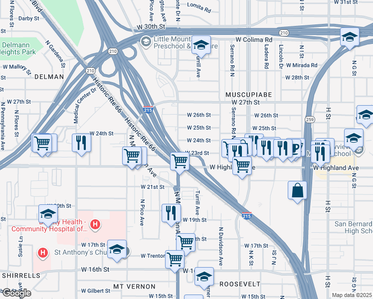 map of restaurants, bars, coffee shops, grocery stores, and more near 1286 West 23rd Street in San Bernardino