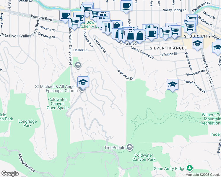map of restaurants, bars, coffee shops, grocery stores, and more near 3670 Avenida Del Sol in Los Angeles