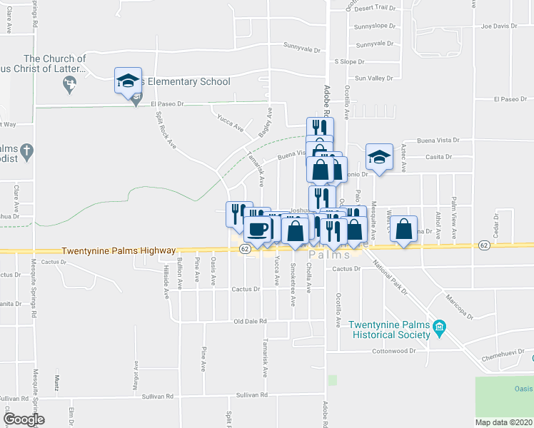 map of restaurants, bars, coffee shops, grocery stores, and more near 6405 Tamarisk Avenue in Twentynine Palms