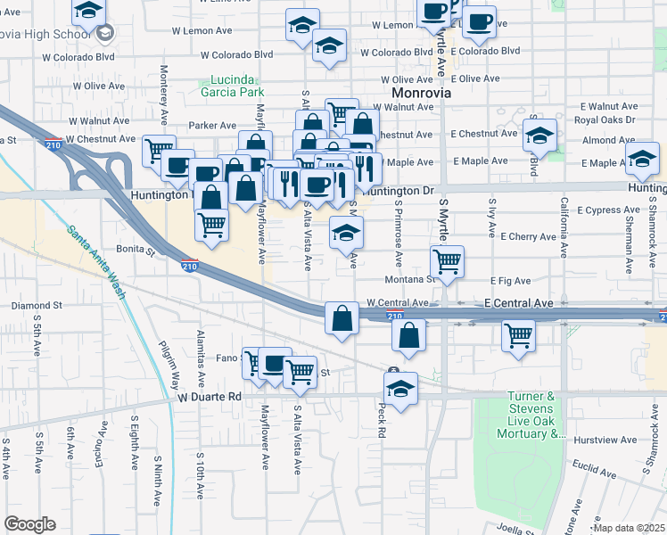 map of restaurants, bars, coffee shops, grocery stores, and more near 1333 South Magnolia Avenue in Monrovia