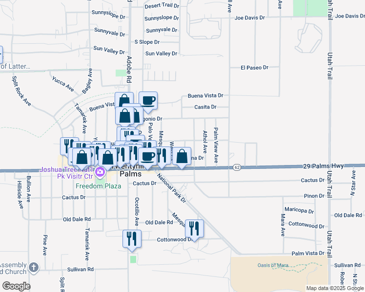 map of restaurants, bars, coffee shops, grocery stores, and more near 6414 East Court in Twentynine Palms