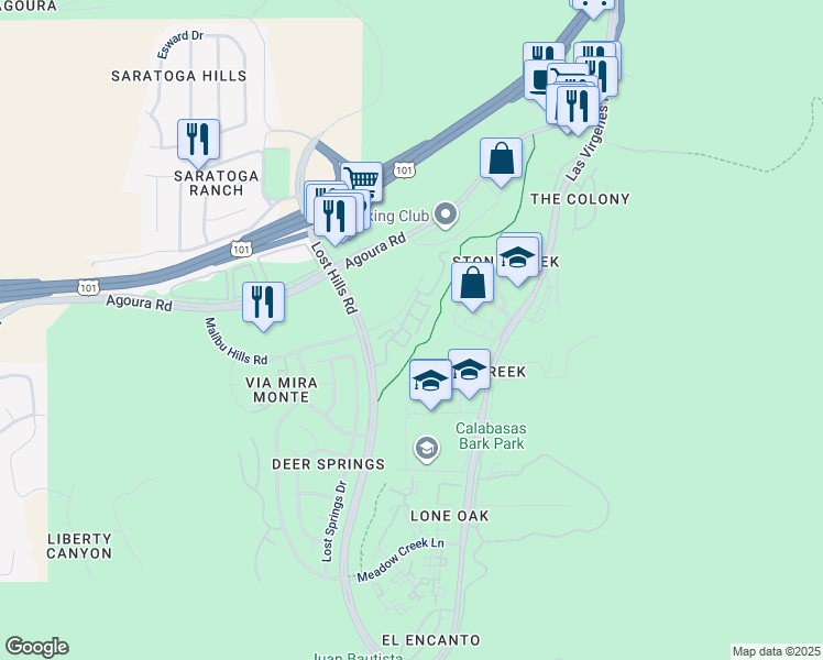 map of restaurants, bars, coffee shops, grocery stores, and more near 4240 Lost Hills Road in Calabasas