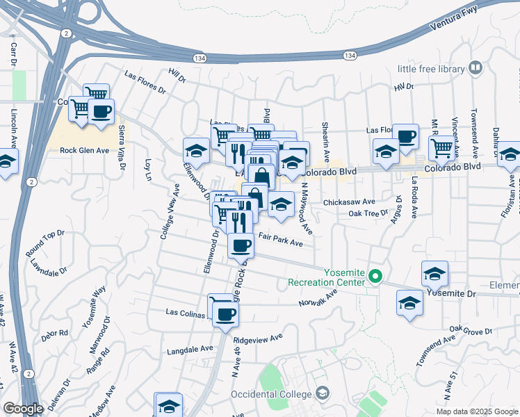 map of restaurants, bars, coffee shops, grocery stores, and more near 5008 Eagle Rock Boulevard in Los Angeles