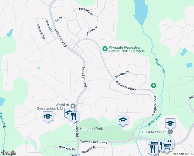 map of restaurants, bars, coffee shops, grocery stores, and more near 302 Wood Knoll Court in Woodstock