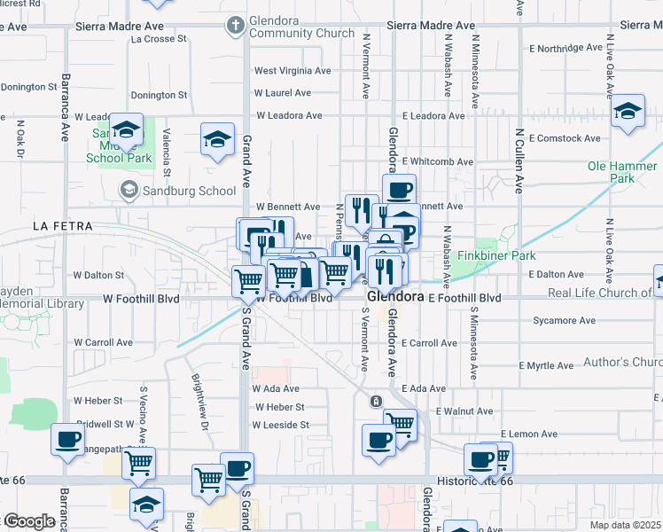 map of restaurants, bars, coffee shops, grocery stores, and more near 133 North Pennsylvania Avenue in Glendora