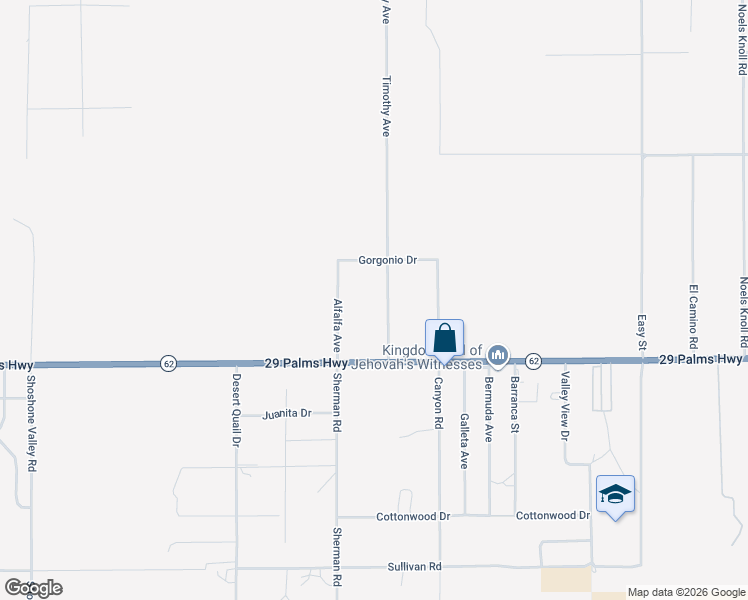map of restaurants, bars, coffee shops, grocery stores, and more near 6396 Timothy Avenue in Twentynine Palms