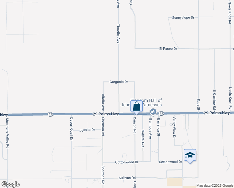 map of restaurants, bars, coffee shops, grocery stores, and more near 6380 Timothy Avenue in Twentynine Palms
