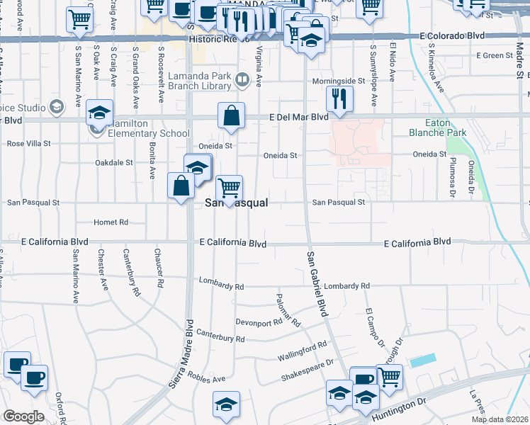 map of restaurants, bars, coffee shops, grocery stores, and more near 527 Wenham Road in Pasadena