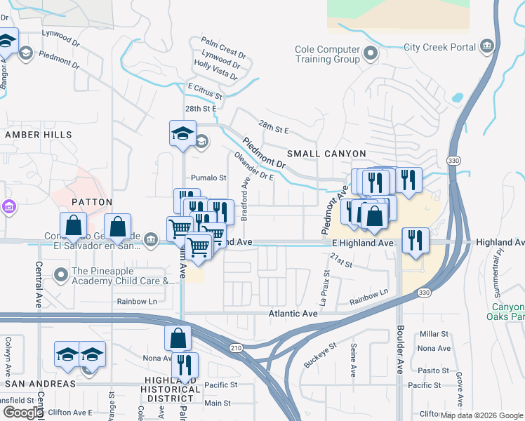 map of restaurants, bars, coffee shops, grocery stores, and more near 3827 Orchid Drive East in Highland