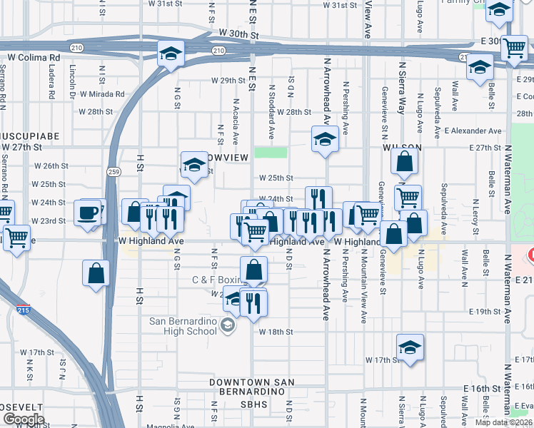 map of restaurants, bars, coffee shops, grocery stores, and more near 496 West 23rd Street in San Bernardino