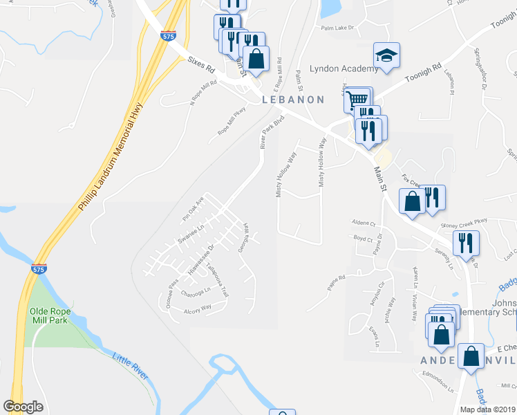 map of restaurants, bars, coffee shops, grocery stores, and more near 543 Ridge View Crossing in Woodstock