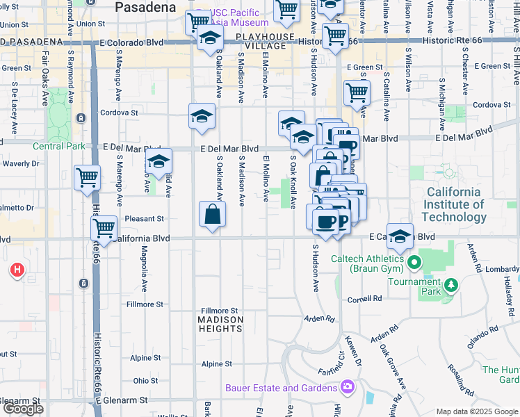 map of restaurants, bars, coffee shops, grocery stores, and more near 497 South El Molino Avenue in Pasadena
