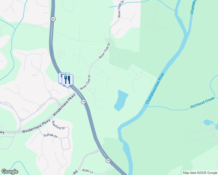 map of restaurants, bars, coffee shops, grocery stores, and more near 3645 Woodbury Point in Cumming