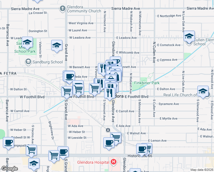 map of restaurants, bars, coffee shops, grocery stores, and more near 130 North Vermont Avenue in Glendora