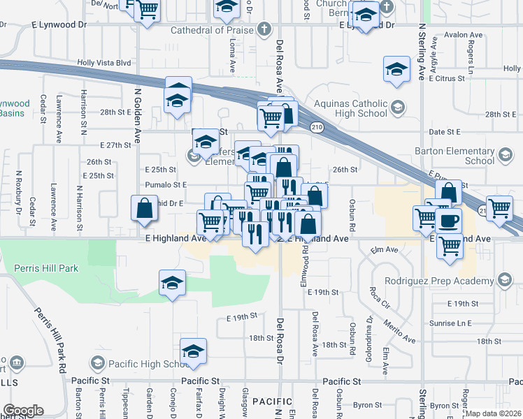 map of restaurants, bars, coffee shops, grocery stores, and more near 2342 Del Rosa Avenue in San Bernardino
