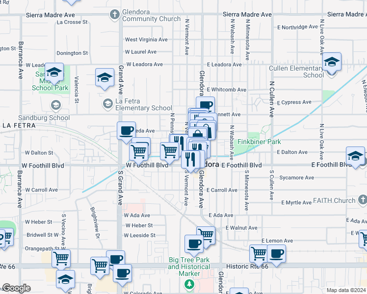 map of restaurants, bars, coffee shops, grocery stores, and more near 206 West Mountain View Avenue in Glendora