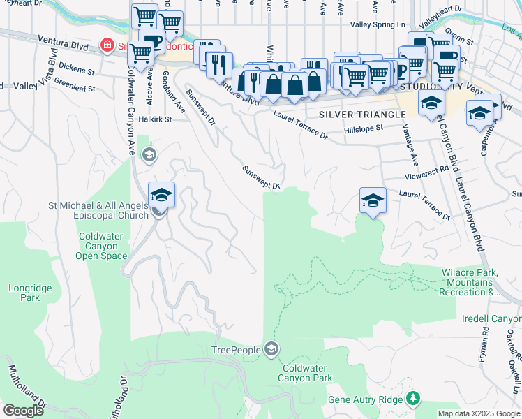 map of restaurants, bars, coffee shops, grocery stores, and more near 3644 Goodland Avenue in Los Angeles