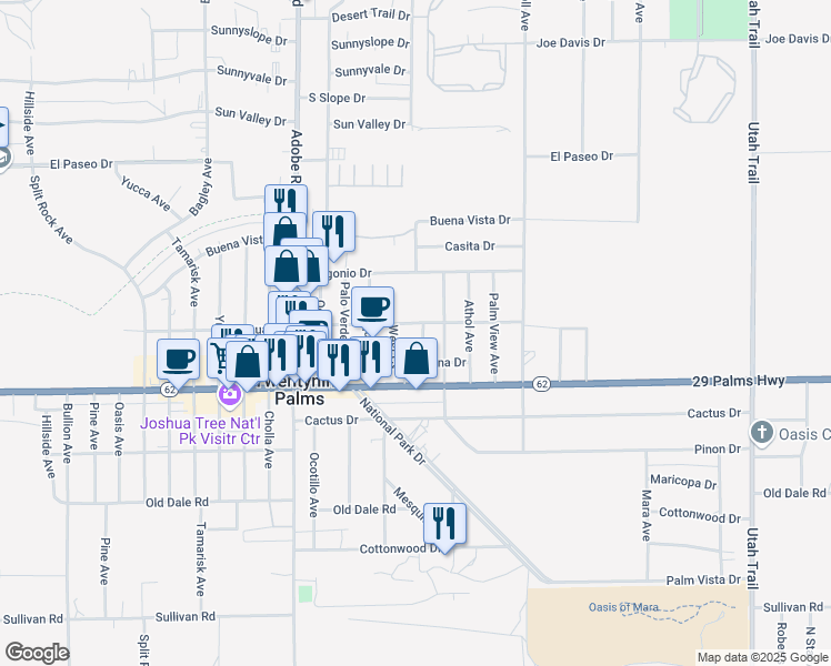 map of restaurants, bars, coffee shops, grocery stores, and more near 6414 East Court in Twentynine Palms