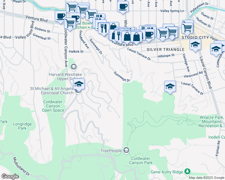 map of restaurants, bars, coffee shops, grocery stores, and more near 3681 Goodland Avenue in Los Angeles
