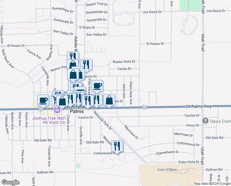 map of restaurants, bars, coffee shops, grocery stores, and more near 6418 Cienega Drive in Twentynine Palms