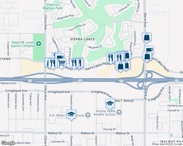 map of restaurants, bars, coffee shops, grocery stores, and more near 16465 Sierra Lakes Parkway in Fontana