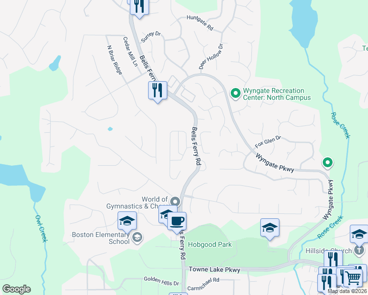 map of restaurants, bars, coffee shops, grocery stores, and more near 201 Ascott Lane in Woodstock