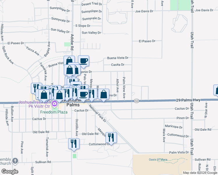 map of restaurants, bars, coffee shops, grocery stores, and more near 6418 Cienega Drive in Twentynine Palms