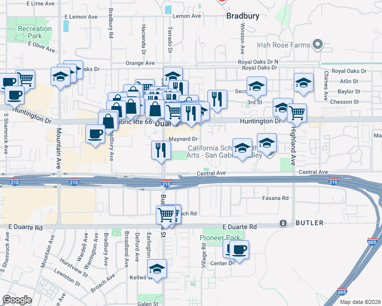 map of restaurants, bars, coffee shops, grocery stores, and more near 1400 Bloomdale Street in Duarte
