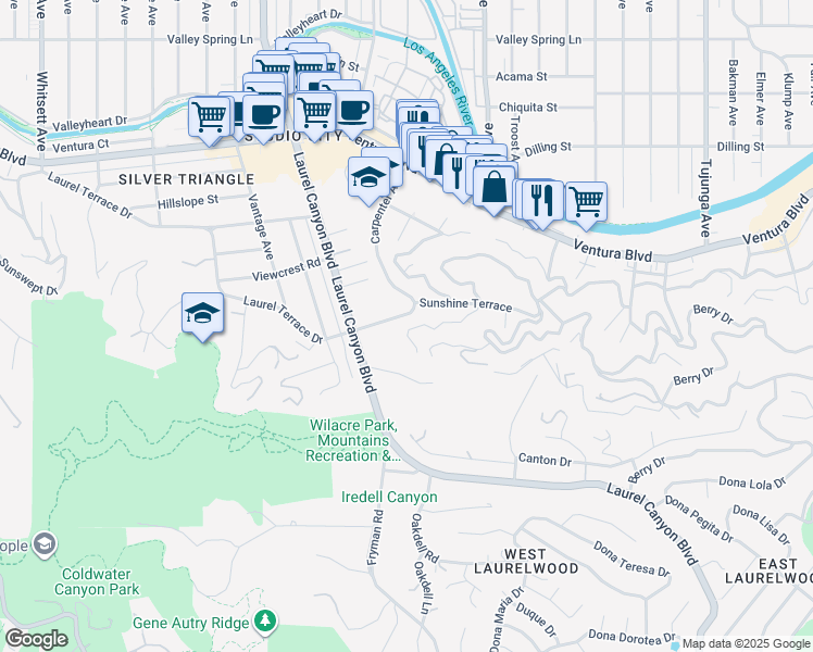 map of restaurants, bars, coffee shops, grocery stores, and more near 3631 Buena Park Drive in Los Angeles