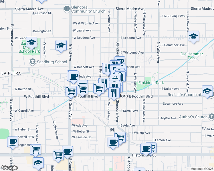 map of restaurants, bars, coffee shops, grocery stores, and more near 133 North Vermont Avenue in Glendora