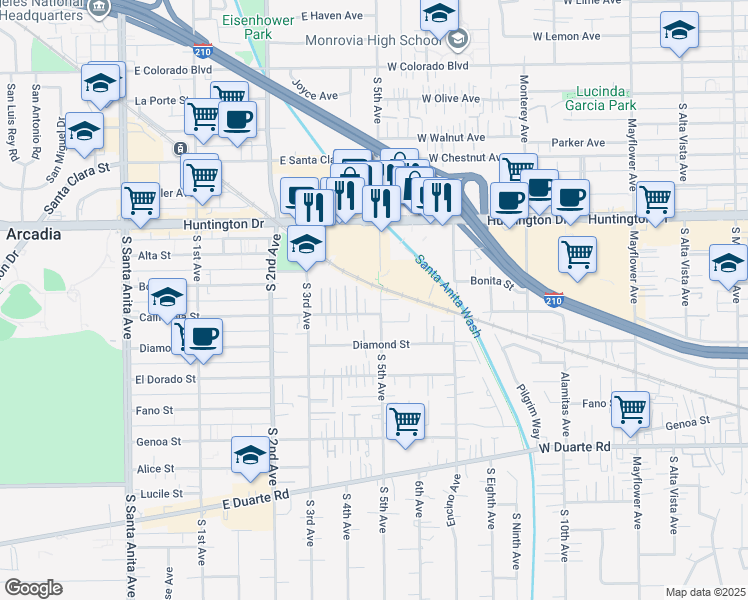 map of restaurants, bars, coffee shops, grocery stores, and more near in Arcadia