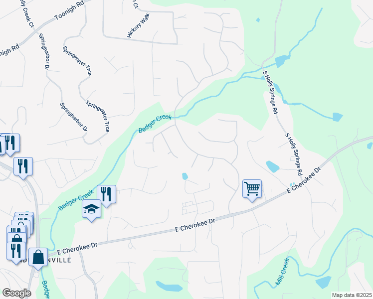 map of restaurants, bars, coffee shops, grocery stores, and more near 145 Highlands Drive in Woodstock