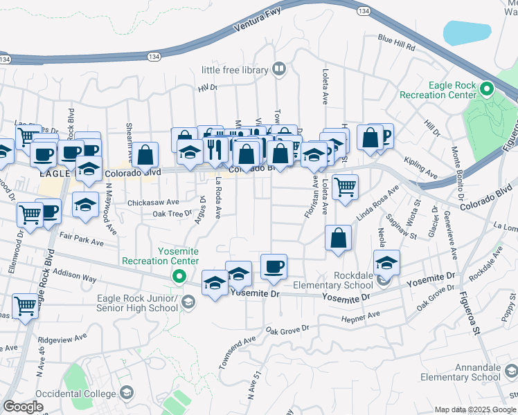 map of restaurants, bars, coffee shops, grocery stores, and more near 5008 Vincent Avenue in Los Angeles