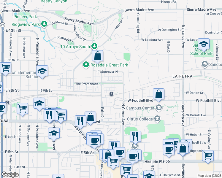 map of restaurants, bars, coffee shops, grocery stores, and more near 846 Iris Way in Azusa