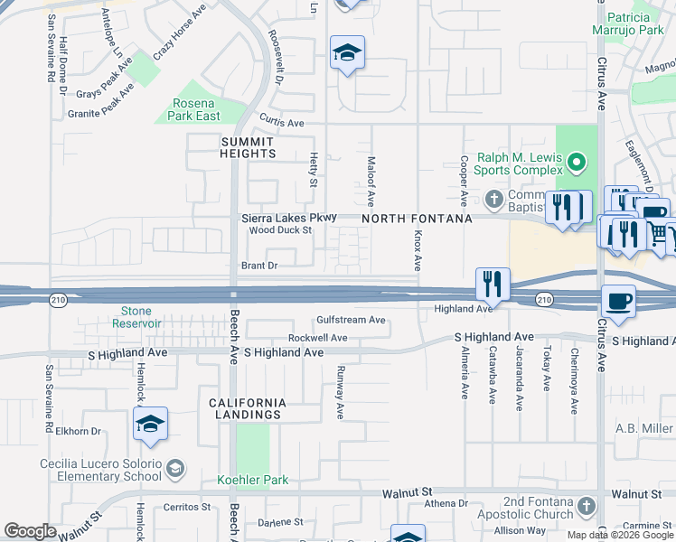 map of restaurants, bars, coffee shops, grocery stores, and more near 15525 April Dawn Way in Fontana